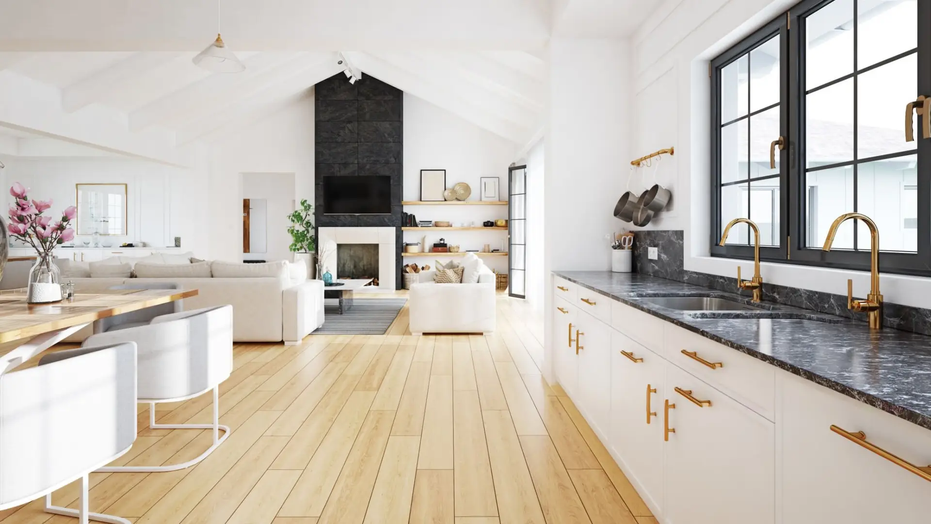 Salon moderne, cuisine blanche, couleurs neutres. Rendu du concept en 3D