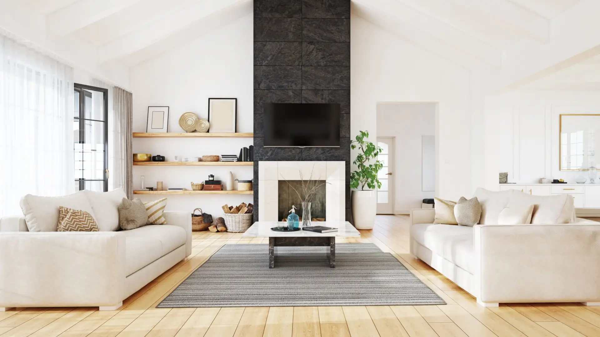 Salon moderne, cuisine blanche, couleurs neutres. Rendu du concept en 3D