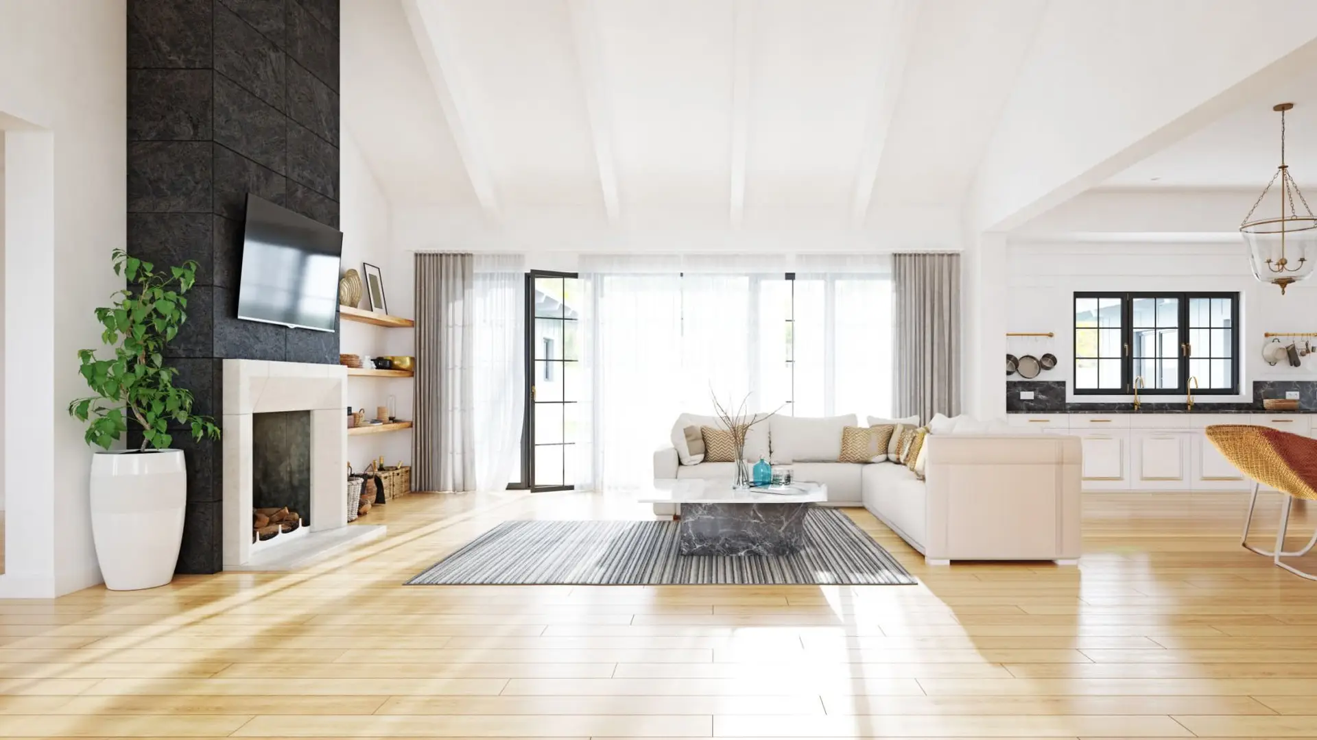 Salon moderne, cuisine blanche, couleurs neutres. Rendu du concept en 3D